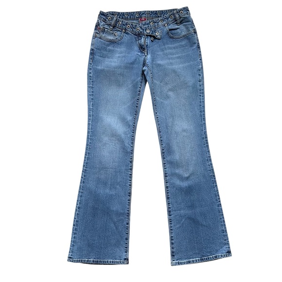 Parasuco Denim - Vintage 90s Y2K Parasuco Jeans Light Blue Flare Asymmetrical Waistband - Size 32